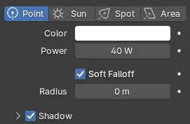 "Light properties panel with point light set to 40 W power and 0 m radius, used to create hard lighting on the 3D model"