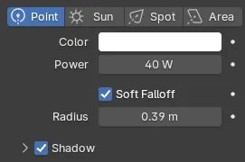 "Light properties panel with point light set to 40 W power and 0.39 m radius, used to create soft lighting on the 3D model"