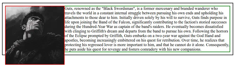 CSS float applied to the image so the paragraph element's text wraps around the image.