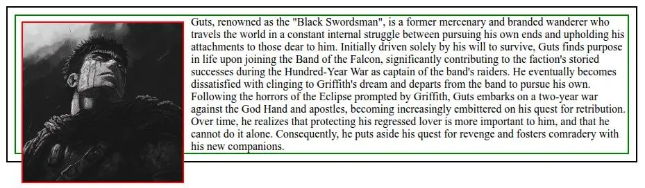 Margin of 10px is added to the image element to depict it is floating inside paragraph element's border.